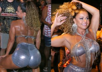 Viviane Araújo desce até o chão de look metálico em noite de samba